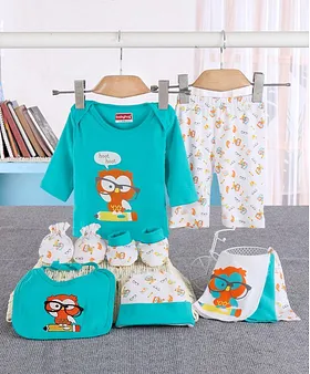 Babyhug 100%Cotton Clothing Gift Set Multiprint Pack of 9 - White Blue