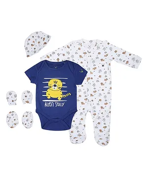 Allen Solly Juniors Full Sleeves Footed Sleepsuit & Onesie With Mittens Booties & Cap Kitty Print - White Navy Blue