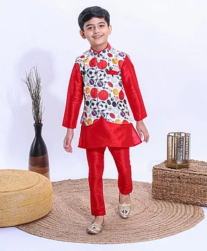 Ridokidz Full Sleeves Kurta With Printed Jacket & Salwar - Red