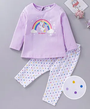 Simply Full Sleeves Tee & Lounge Pant Unicorn Print - Purple