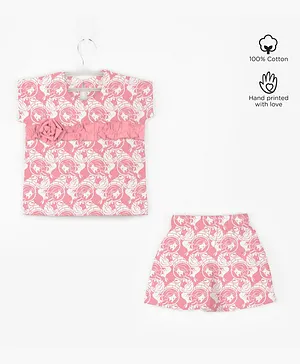 Story Tailor Short Sleeves Flower Gathered Printed Top & Shorts Set - Peach