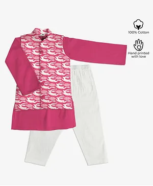 Story Tailor Full Sleeves Kurta With Ethnic Print Jacket & Pajama - Pink