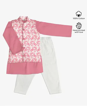Story Tailor Full Sleeves Kurta With Ethnic Print Jacket & Pajama - Peach