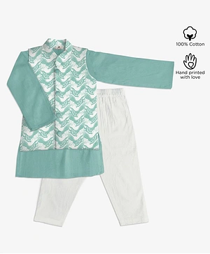 Story Tailor Full Sleeves Kurta With Ethnic Print Jacket & Pajama - Sea Green
