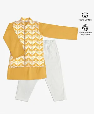 Story Tailor Full Sleeves Kurta With Ethnic Print Jacket & Pajama - Yellow