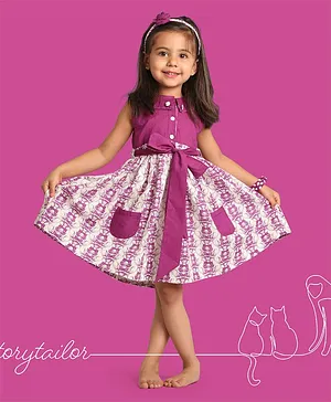 Story Tailor Sleeveless Printed Dress With Belt - Purple
