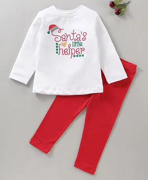 Orrigany Full Sleeves Christmas Tee & Leggings Santa Print - White Red