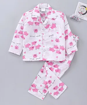 Right Sleep Full Sleeves Pig Print Night Suit - Pink