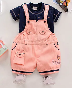 Dapper Dudes Short Sleeves Tee With Front Pocketed Dungaree - Peach