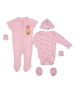 Allen Solly Juniors Footed Sleepsuit & Full Sleeves Onesie With Cap Mittens & Booties Princess Print - Light Pink