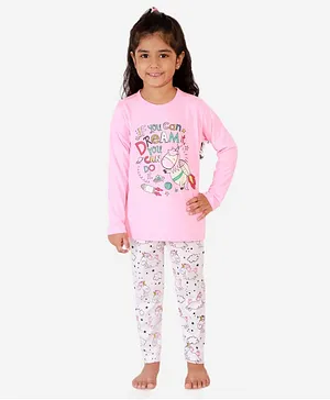Little Marine Full Sleeves Unicorn & Quote Print Night Suit - Pink