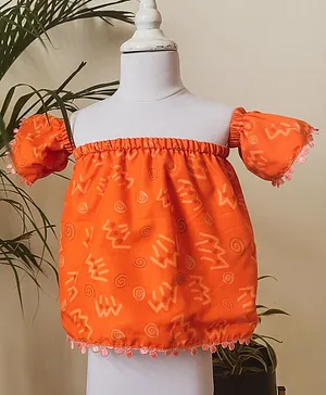 Skosh Half Sleeves Printed Reversible Off Shoulder Top - Orange & Pink