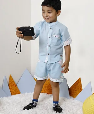 Skosh Front Button Half Sleeves Shirt With Shorts - Light Blue