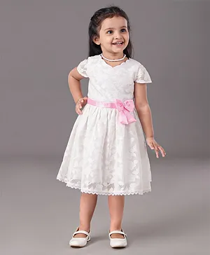 Babyoye Half Sleeves Party Dress With Textured Bow Applique - White