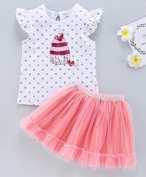 Babyoye Party Wear Cotton Cap Sleeves Top & Tutu Skirt Sequinned Cupcake - Pink White