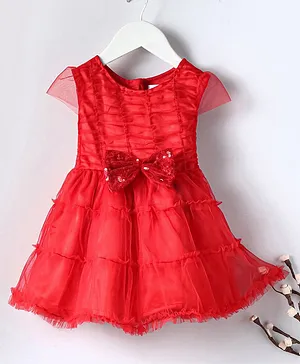 Babyoye Short Sleeves Cotton Blend  Frock Bow Applique  - Red