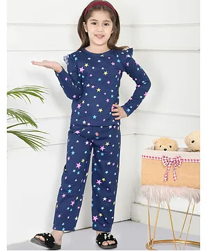 Lilpicks Couture Star Print Full Sleeves Night Suit - Blue