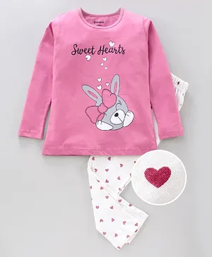 Enfance Core Full Sleeves Sweet Heart Printed Nigh Suit - Pink
