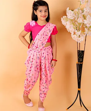 M'andy Short Sleeves Top With Floral Print Saree Style Dhoti - Pink
