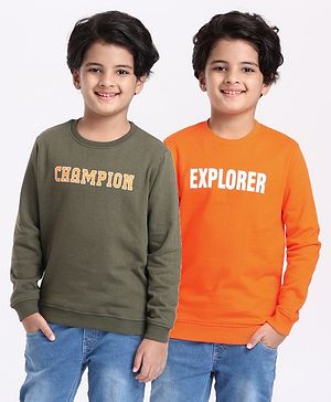 Pine Kids Full Sleeves Bio Washed Sweatshirt Text Graphic Pack of 2 - Orange & Green