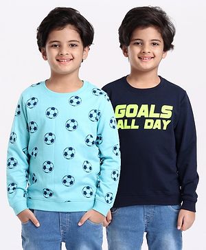 Pine Kids Full Sleeves Bio Washed Sweatshirt Football Print Pack of 2 - Aqua & Blue
