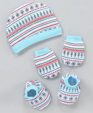 Babyhug 100% Cotton Cap Mittens Booties Set Aztec Print - Blue