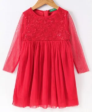 UCB Full Sleeves Knee Length Embellished Frock - Red