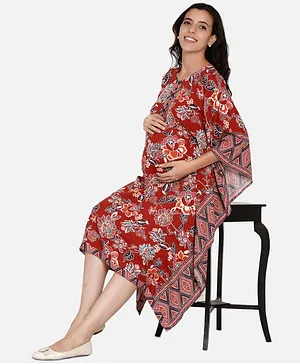 The Kaftan Company Half Sleeves Flower Print Maternity Dress - Red