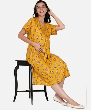 The Kaftan Company Half Sleeves Flower Print Maternity Dress - Mustard