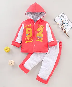 Child World Full Sleeves Hooded Winter Wear Suit Text Print - Tomato Red