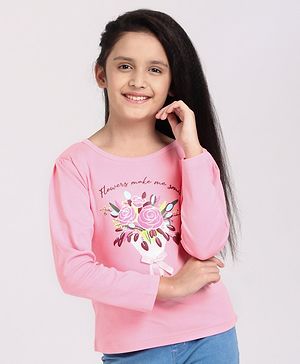 Pine Kids Full Sleeves Biowashed Top Flowers Print - Candy Pink