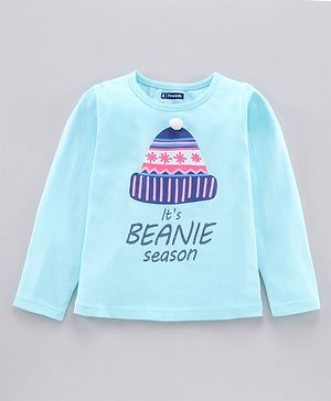 Pine Kids Full Sleeves Bio Washed T-Shirt Beanie Graphic  - Turquoise