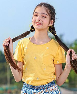 Pine Kids Half Sleeves Bio Washed Top Floral Embroidery - Yellow