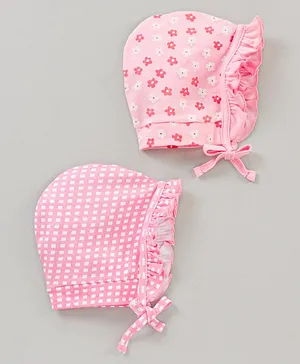 Babyhug 100% Cotton Caps Pink Pack of 2 - Diameter 10.5 cm