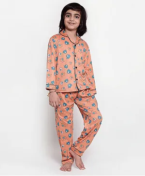 Maxence Full Sleeves All Over Elephant Printed Night Suit - Orange