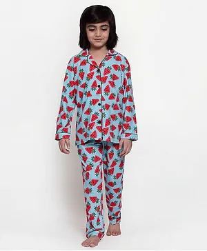 Maxence Full Sleeves Strawberry Print Night Suit - Blue