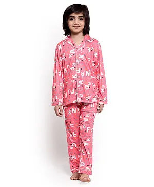 Maxence Full Sleeves Alphabets Print Night Suit - Pink