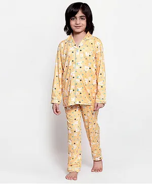 Maxence Full Sleeves Alphabets Print Night Suit - Yellow