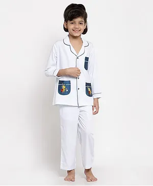 Maxence Embroidery On Pocket Full Sleeves Night Suit - White