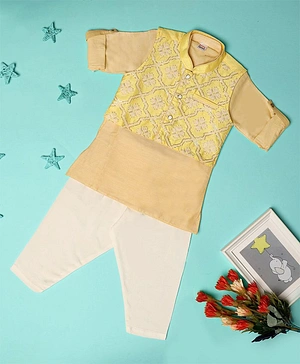 Kicks & Crawl Full Sleeves Motif Embroidered Kurta With Pajama & Waistcoat - Yellow