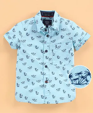 Indian Terrain Cotton Woven Half Sleeves Shirt Palm Tree Print - Sky Blue