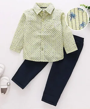 Babyoye Full Sleeves Cotton Printed Shirt and Trousers - Yellow Blue