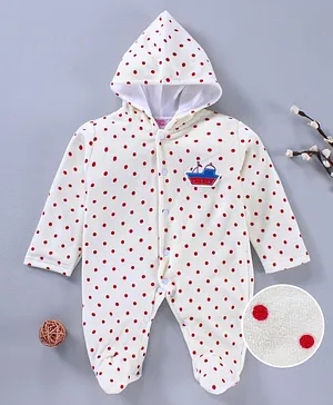Tappintoes Winter Wear Full Sleeves Hooded Footed Romper - White Red