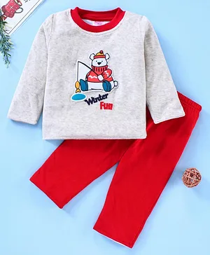 Tappintoes Full Sleeves Winter Wear T-Shirt & Bottomwear Bear Applique - Red