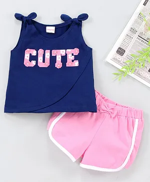 Babyhug Sleeveless Top and Shorts Set Text Print - Navy Pink
