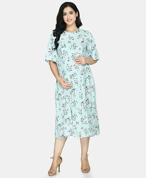 Aaruvi Ruchi Verma Half Sleeves Floral Print Maternity Dress - Light Blue