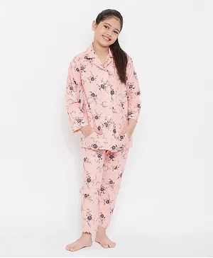 KYDZI Full Sleeves Floral Print Cotton Night Suit - Peach