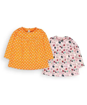 Little Carrot Flower Print Full Sleeves Pack Of 2 Infant Dresses - Orange & Peach