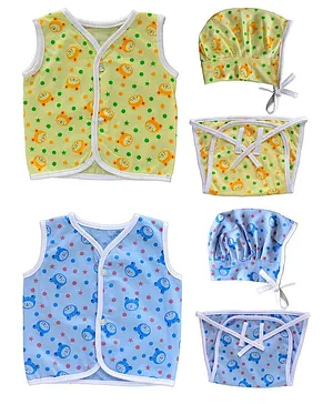 Little Angels Pack Of 2 Teddy Print Jhablas & 2 Caps With 2 Nappies - Multi Color