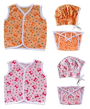 Little Angels Pack Of 2 Teddy Print Jhablas & 2 Caps With 2 Nappies - Peach Pink